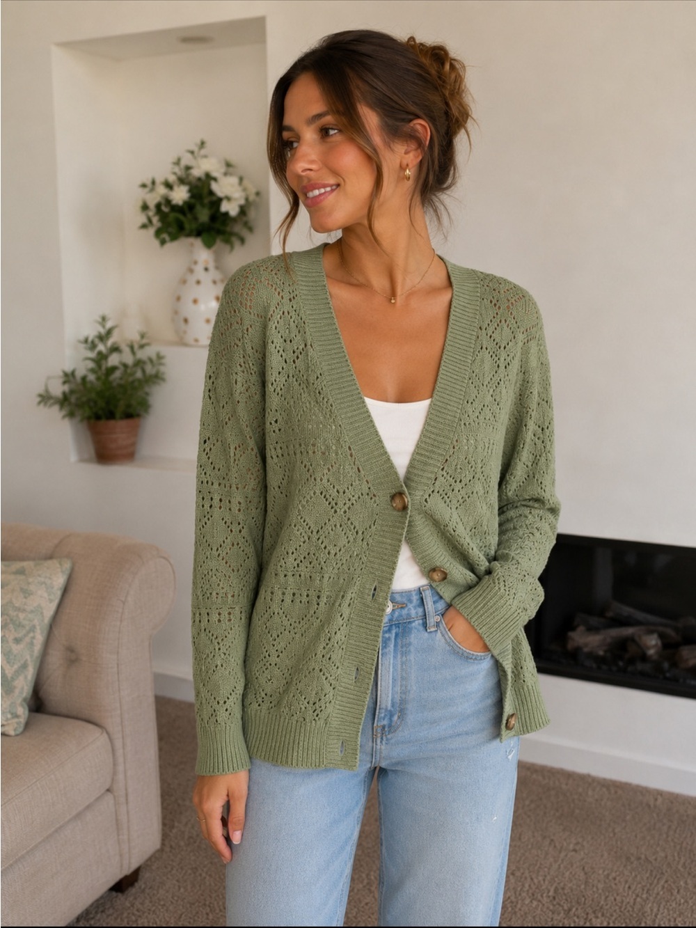 LOFT Olive Open-Knit V-Neck Button Cardigan